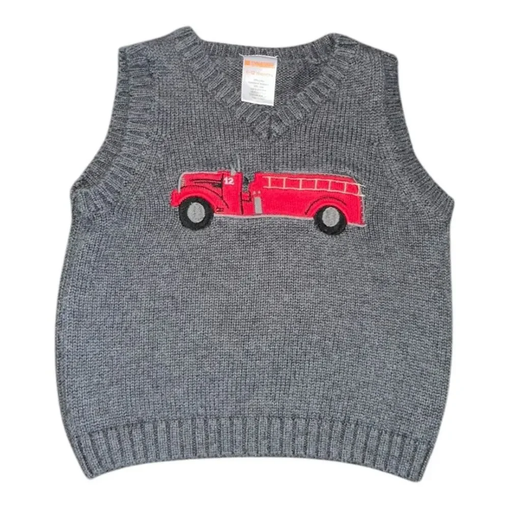 Gymboree boys size 6-12 month gray sweater vest with an embroidered fire engine​